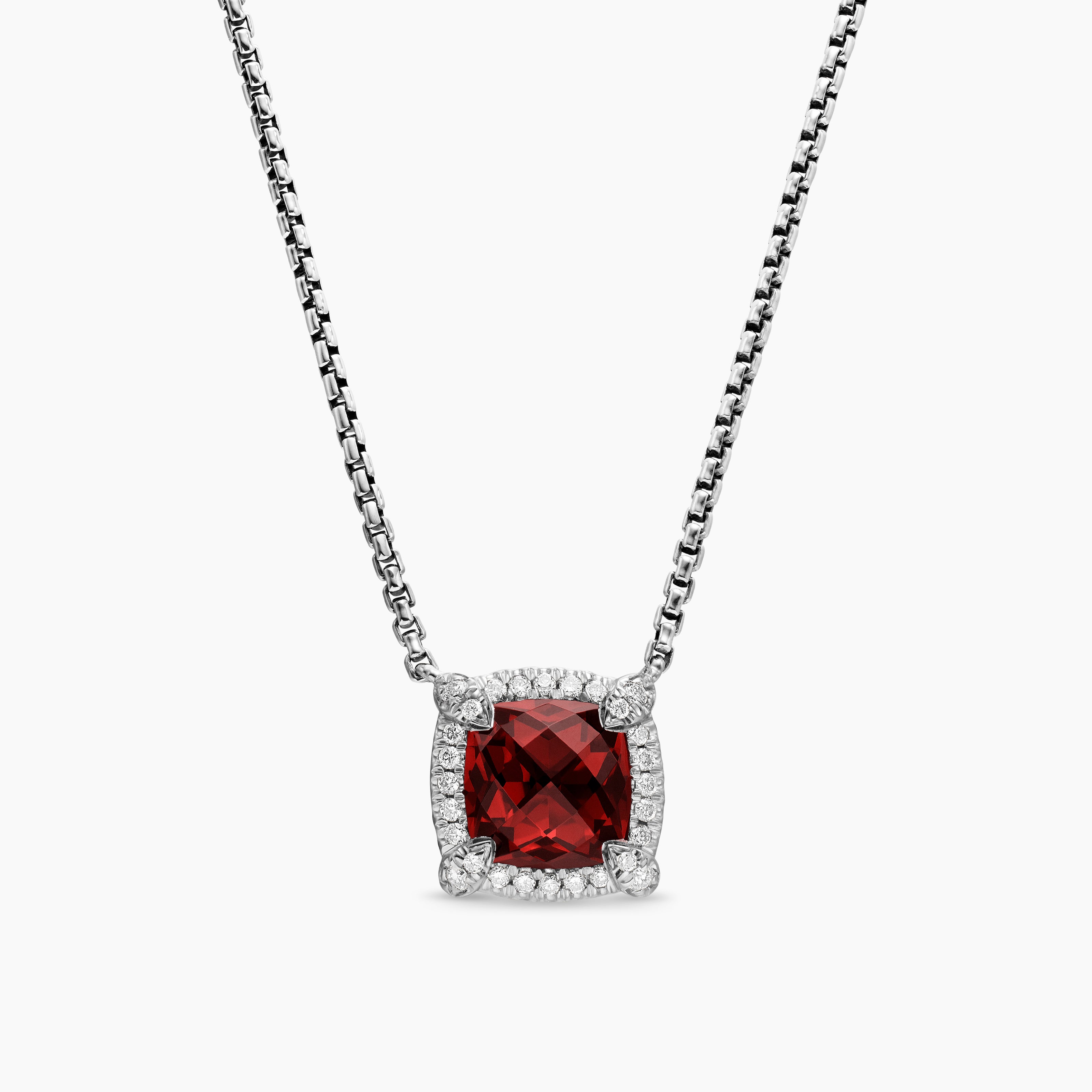 Womens Petite Chatelaine&reg; Pav&eacute; Bezel Pendant Necklace in Sterling Silver with Rhodolite Garnet and Diamonds, 7mm