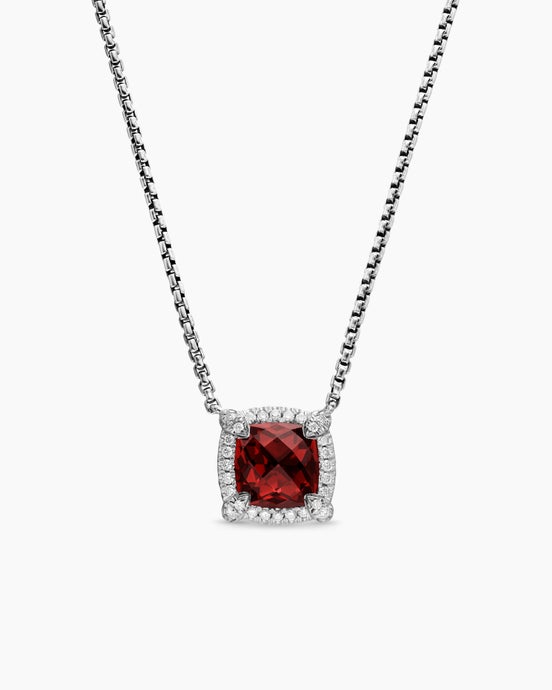 Petite Chatelaine® Pavé Bezel Pendant Necklace in Sterling Silver with Rhodolite Garnet and Diamonds, 7mm