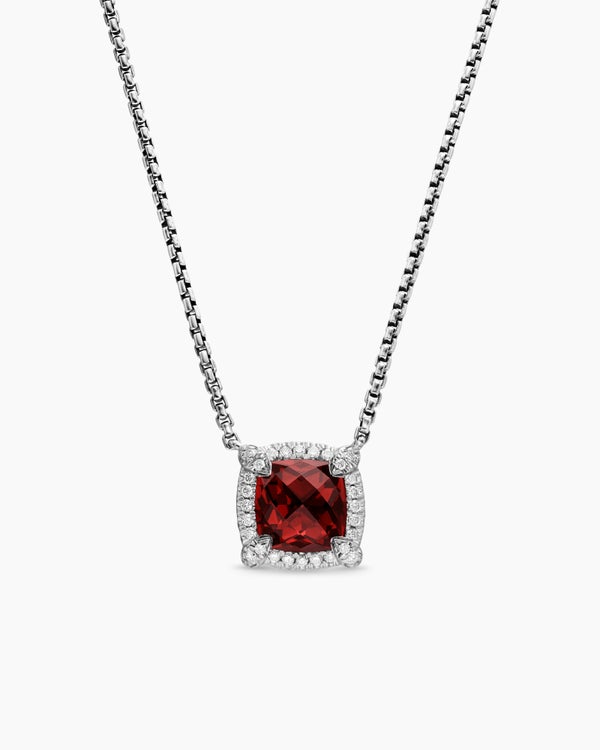 Petite Chatelaine® Pavé Bezel Pendant Necklace in Sterling Silver with Rhodolite Garnet and Diamonds, 7mm