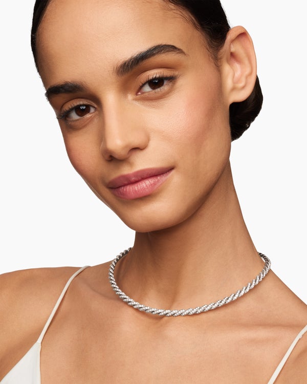 Sculpted Cable Flex Necklace in 18K White Gold with Diamonds, 5mm