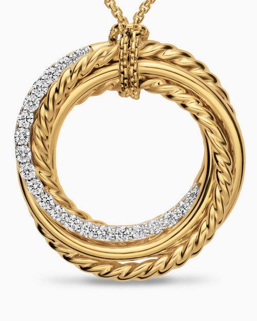 Womens Crossover Pendant Necklace in 18K Yellow Gold with Diamonds, 21mm