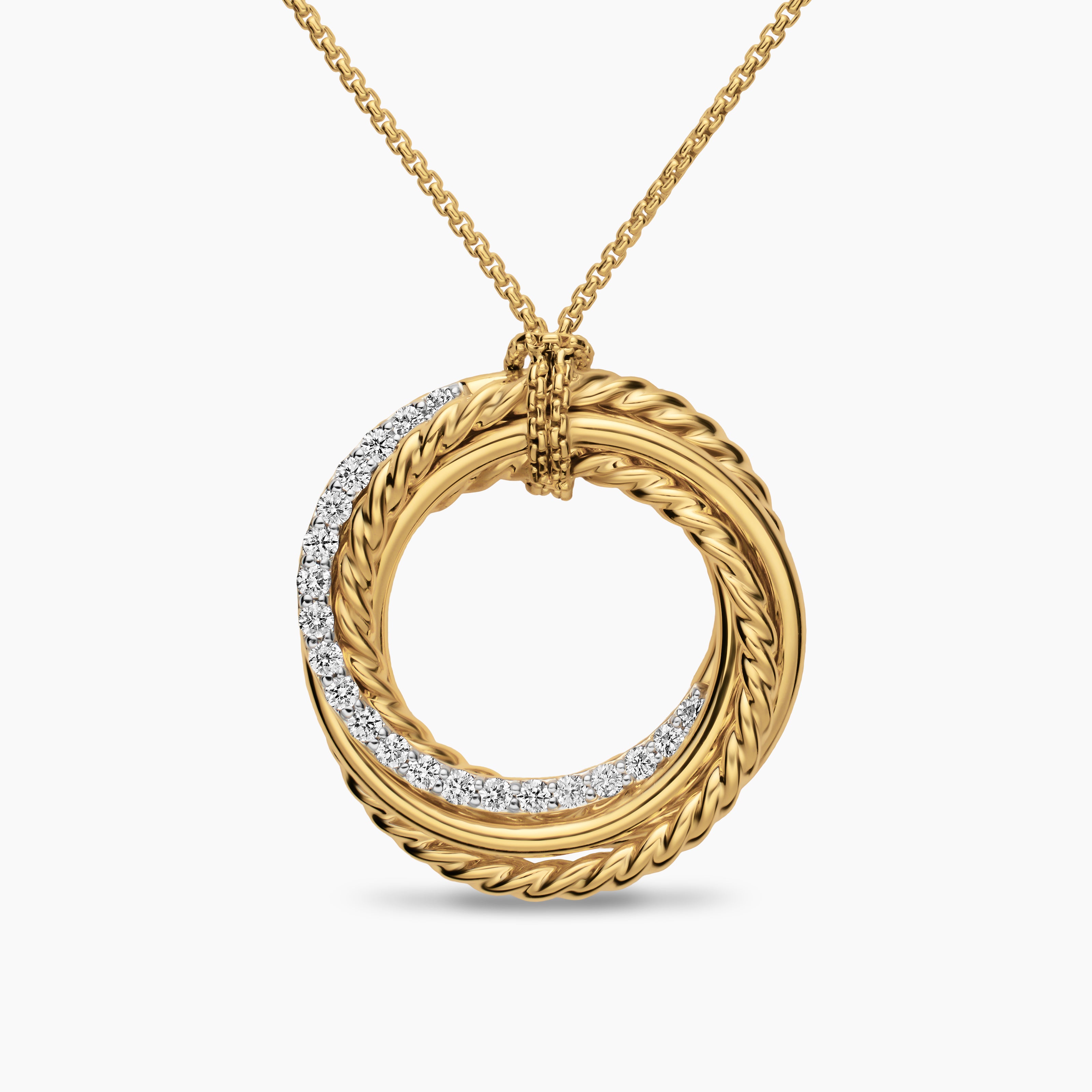 Womens Crossover Pendant Necklace in 18K Yellow Gold with Diamonds, 21mm