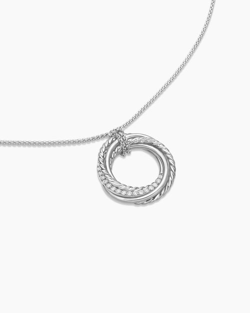 Womens Crossover Pendant Necklace in Sterling Silver with Diamonds, 21mm