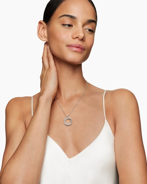 Womens Crossover Pendant Necklace in Sterling Silver with Diamonds, 21mm