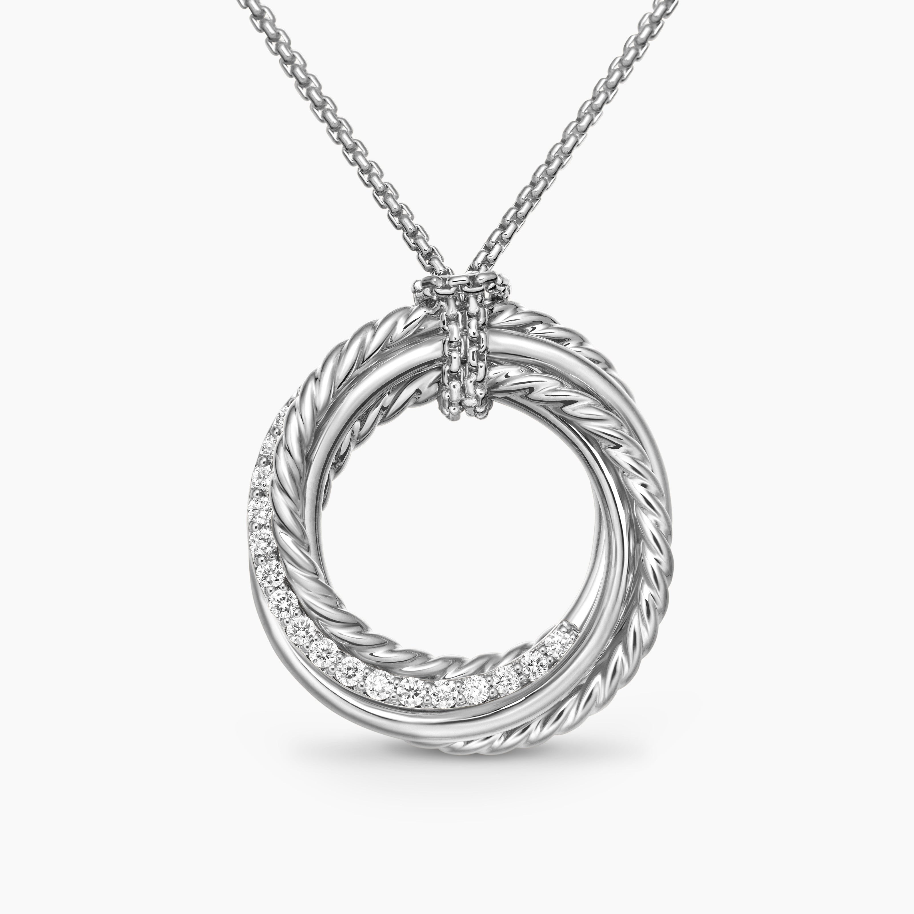 Womens Crossover Pendant Necklace in Sterling Silver with Diamonds, 21mm