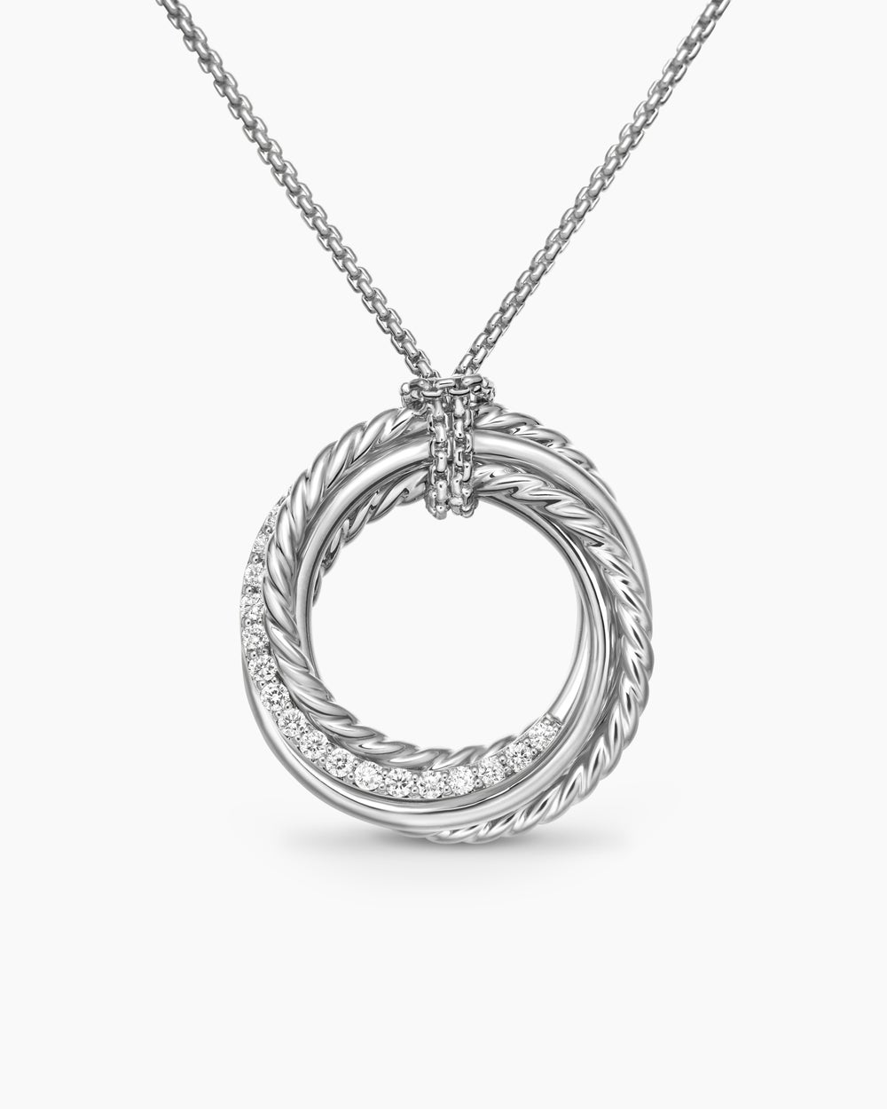 Womens Crossover Pendant Necklace in Sterling Silver with Diamonds, 21mm
