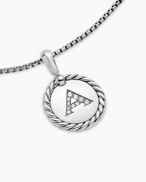 Womens Initial Charm Necklace in Sterling Silver with Diamond A