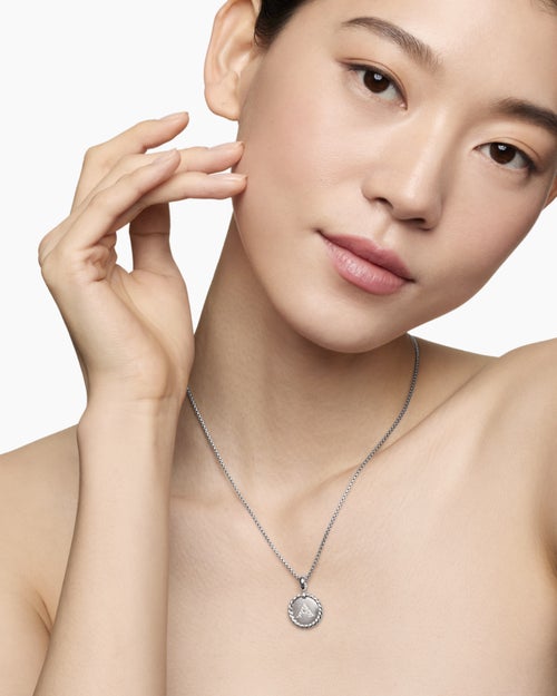 Womens Initial Charm Necklace in Sterling Silver with Diamond A