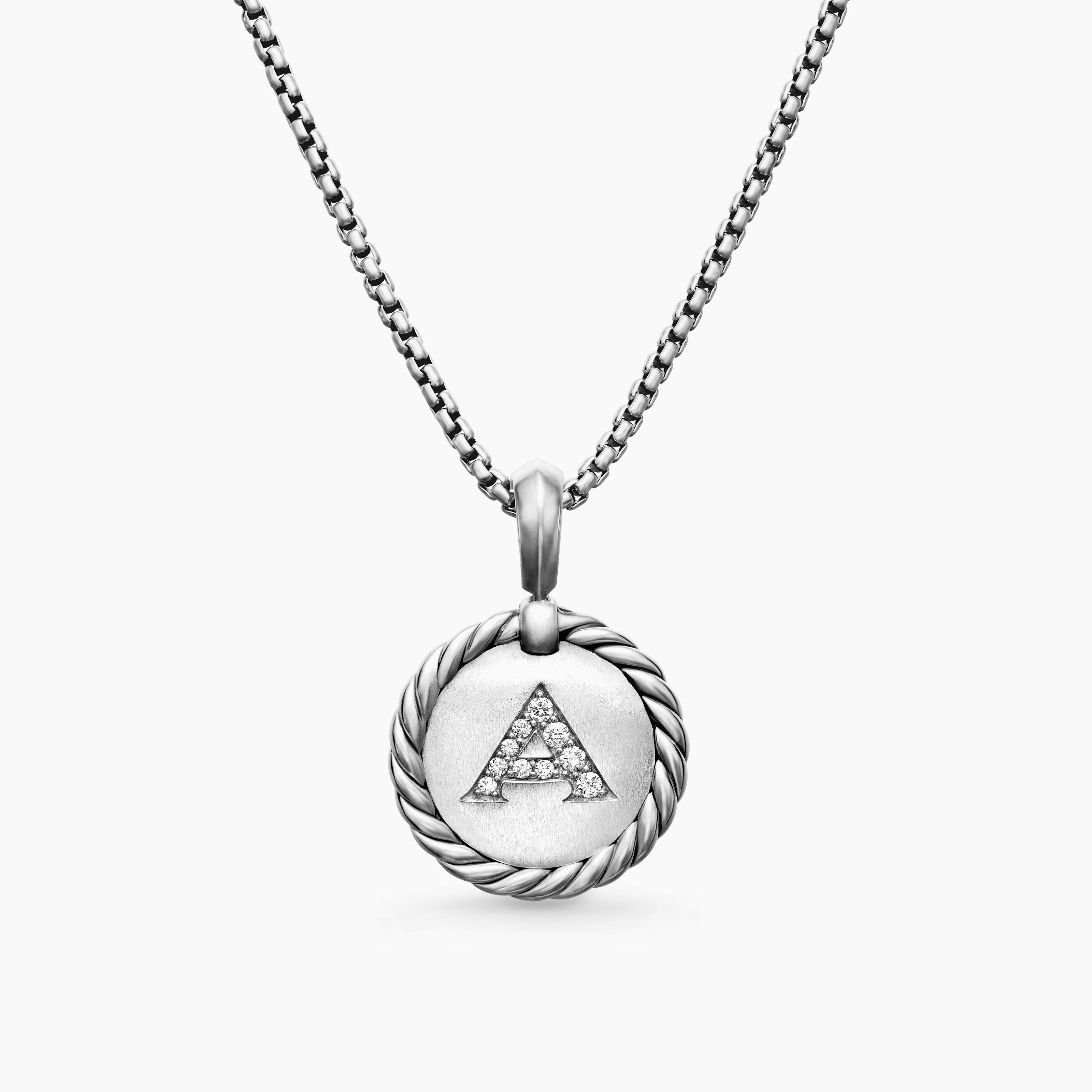 Womens Initial Charm Necklace in Sterling Silver with Diamond A