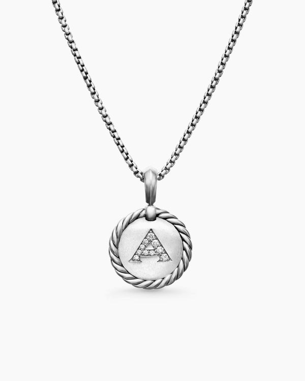 Initial Charm Necklace in Sterling Silver with Diamond A