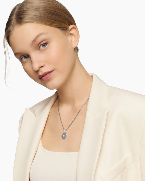 Womens Initial Charm Necklace in Sterling Silver with Diamond B