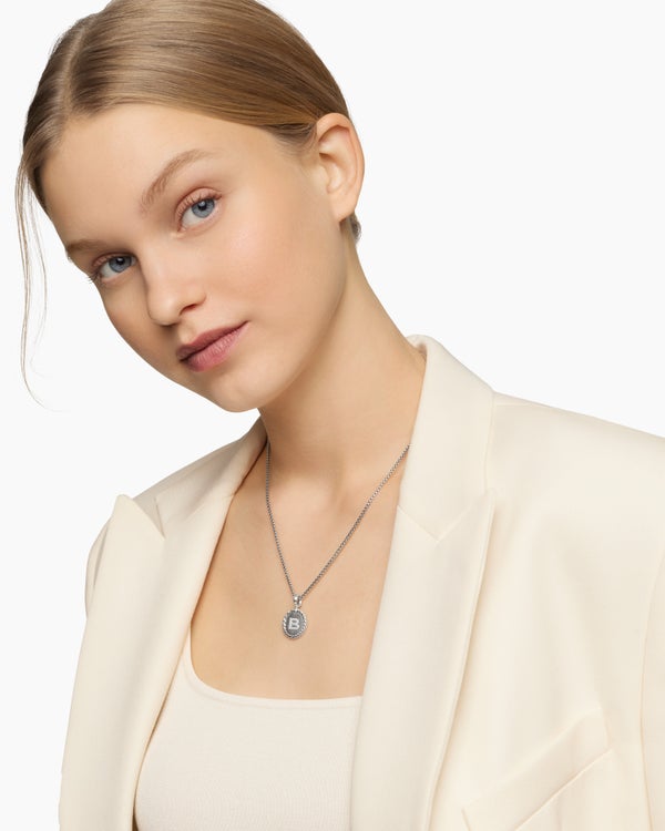 Initial Charm Necklace in Sterling Silver with Diamond A
