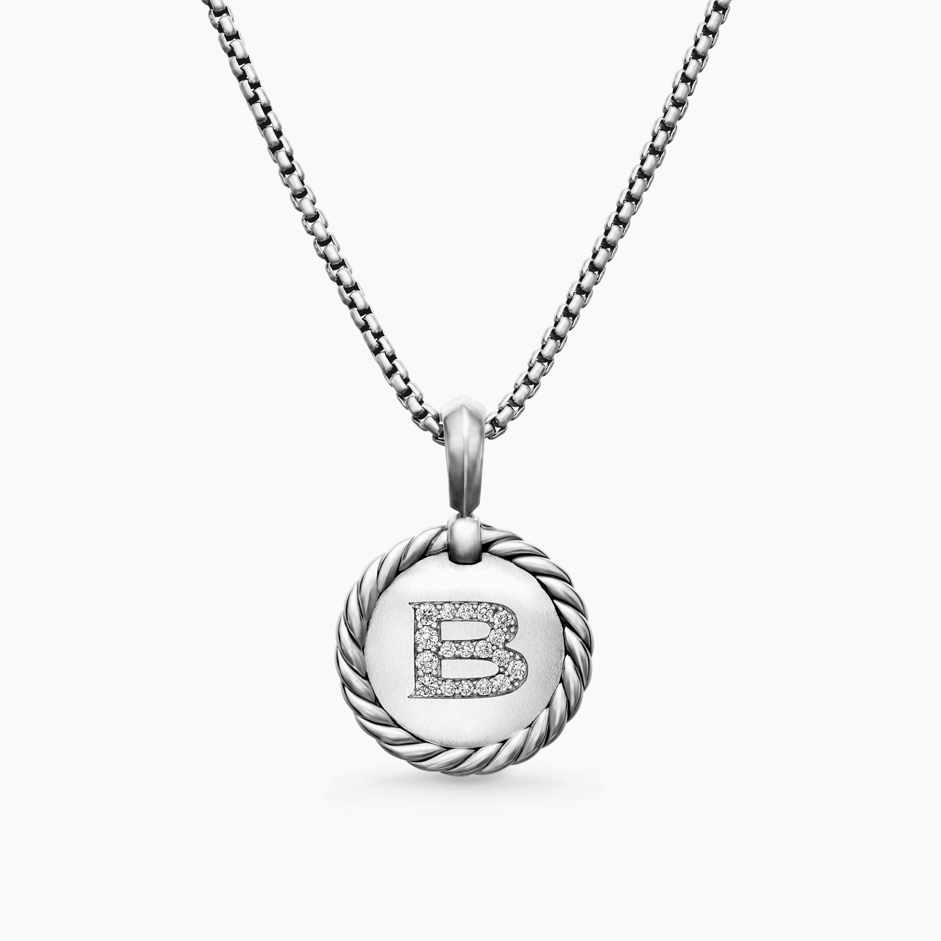 Womens Initial Charm Necklace in Sterling Silver with Diamond B