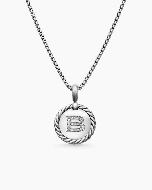 Womens Initial Charm Necklace in Sterling Silver with Diamond B
