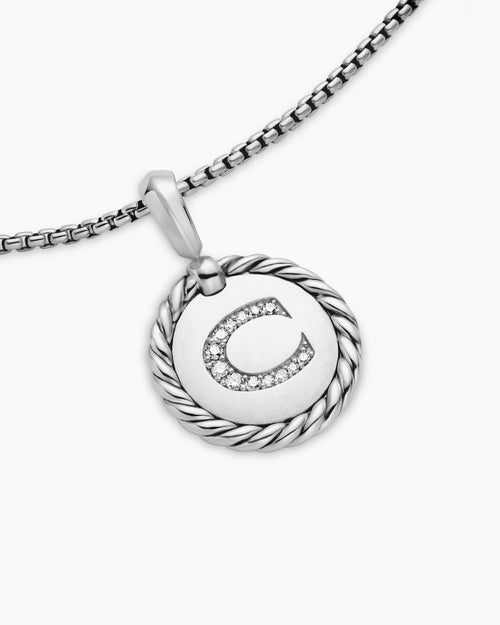 Womens Initial Charm Necklace in Sterling Silver with Diamond C