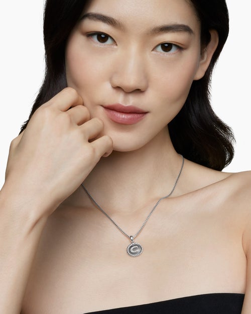 Womens Initial Charm Necklace in Sterling Silver with Diamond C