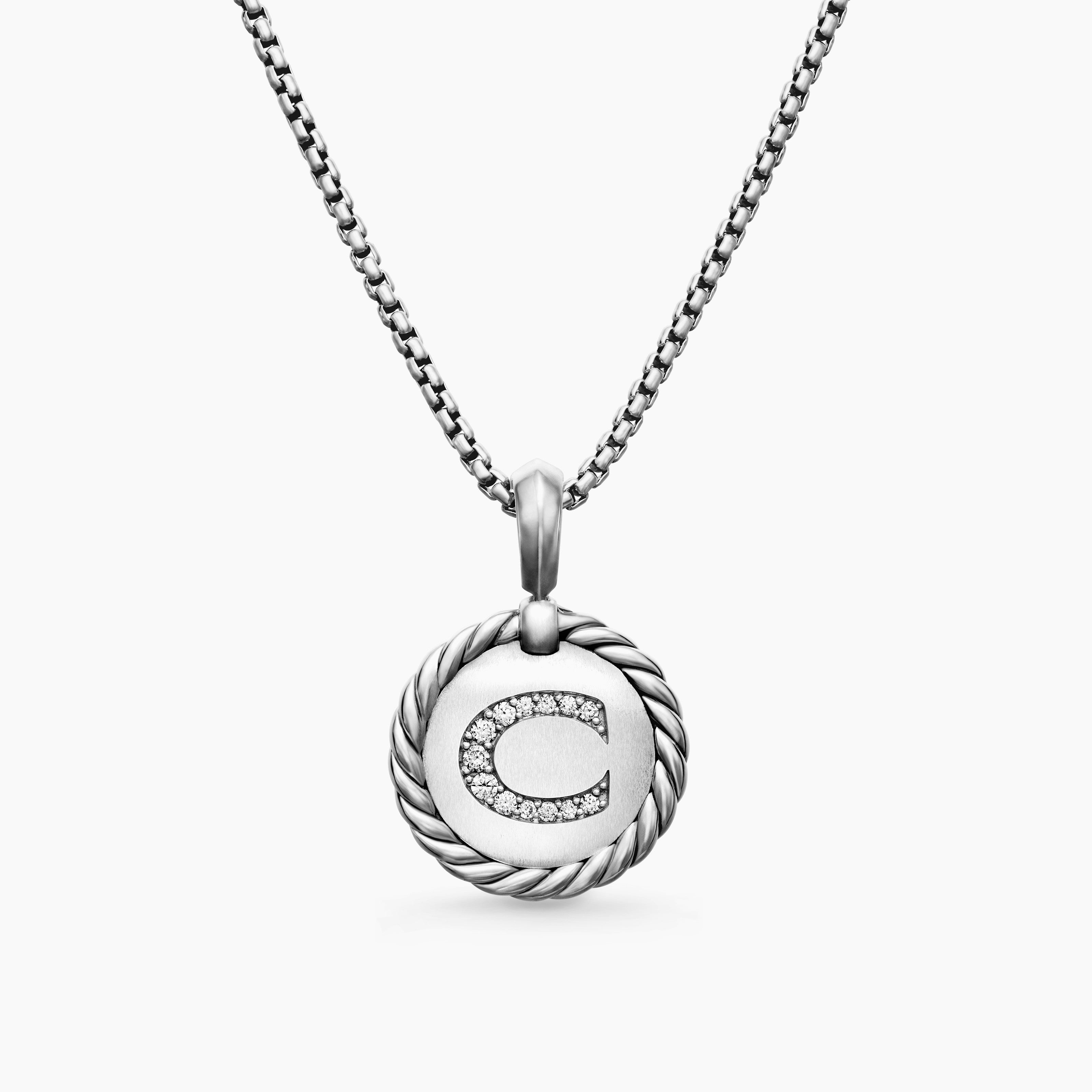 Womens Initial Charm Necklace in Sterling Silver with Diamond C