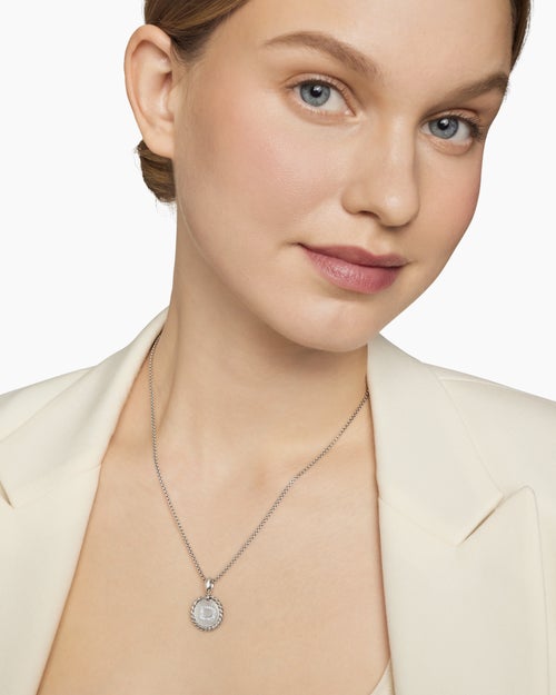 Womens Initial Charm Necklace in Sterling Silver with Diamond D