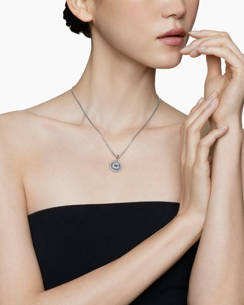 Womens Initial Charm Necklace in Sterling Silver with Diamond G