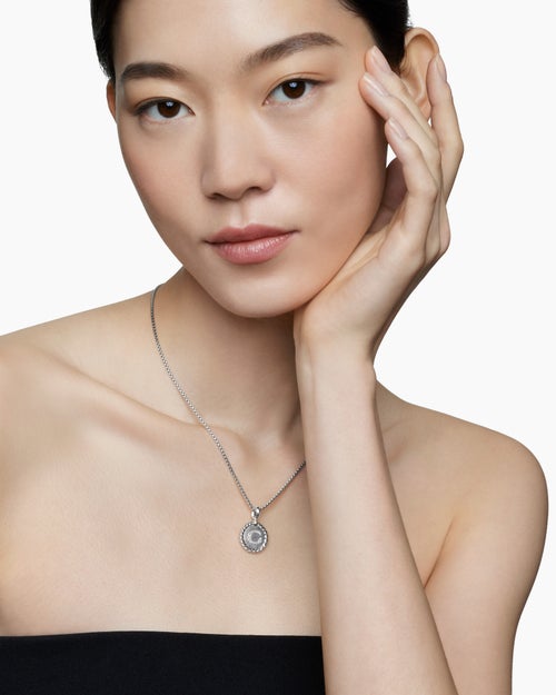 Womens Initial Charm Necklace in Sterling Silver with Diamond G