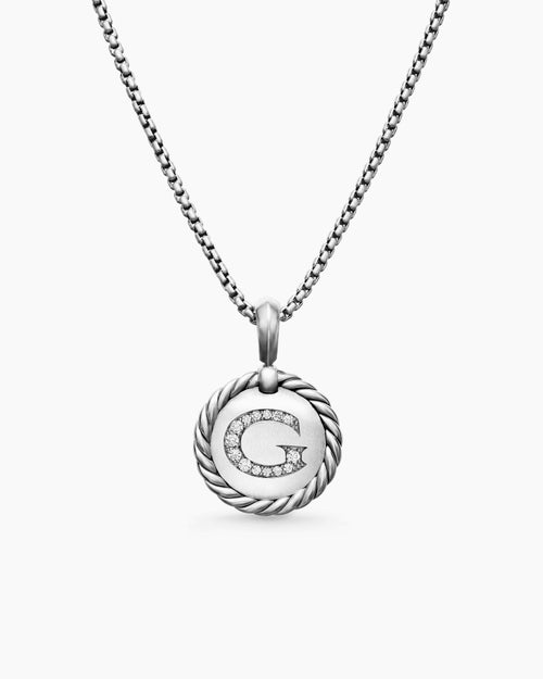 Womens Initial Charm Necklace in Sterling Silver with Diamond G