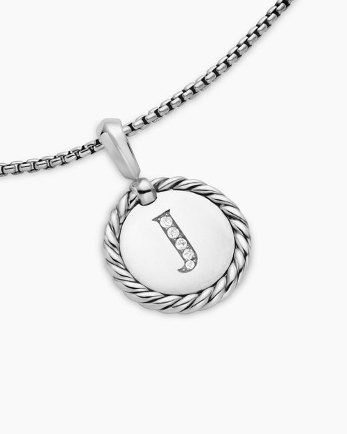 Womens Initial Charm Necklace in Sterling Silver with Diamond J