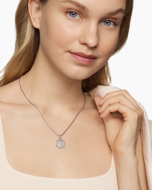 Womens Initial Charm Necklace in Sterling Silver with Diamond J