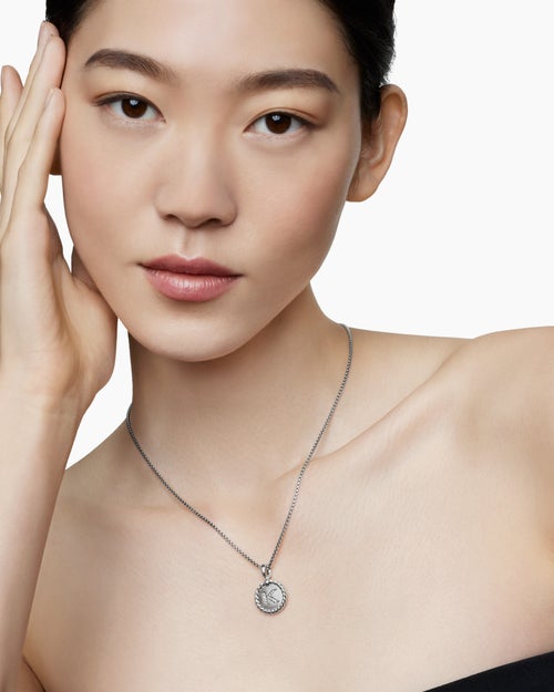 Womens Initial Charm Necklace in Sterling Silver with Diamond K