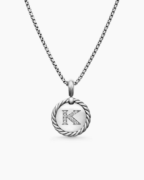 Womens Initial Charm Necklace in Sterling Silver with Diamond K