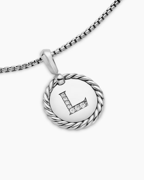 Womens Initial Charm Necklace in Sterling Silver with Diamond L