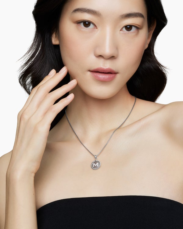 Initial Charm Necklace in Sterling Silver with Diamond M