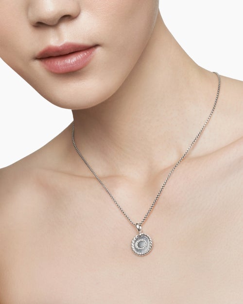 Womens Initial Charm Necklace in Sterling Silver with Diamond O
