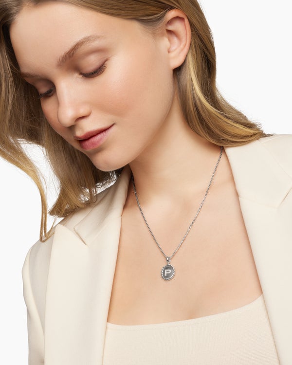 Initial Charm Necklace in Sterling Silver with Diamond P