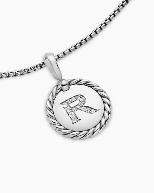 Womens Initial Charm Necklace in Sterling Silver with Diamond R