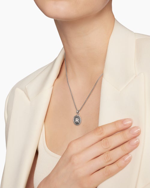 Womens Initial Charm Necklace in Sterling Silver with Diamond R