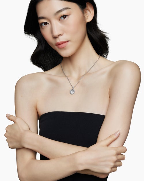 Womens Initial Charm Necklace in Sterling Silver with Diamond S