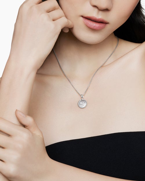 Womens Initial Charm Necklace in Sterling Silver with Diamond S