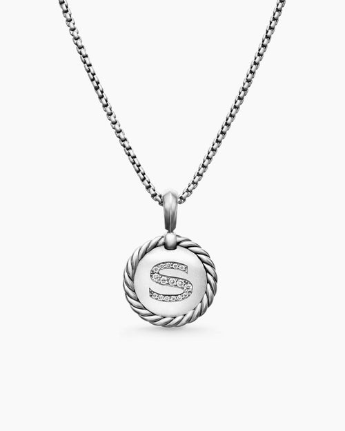 Womens Initial Charm Necklace in Sterling Silver with Diamond S