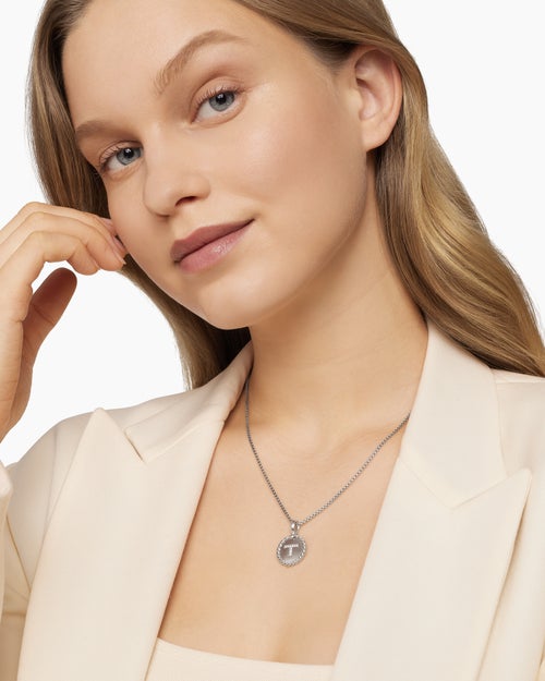 Womens Initial Charm Necklace in Sterling Silver with Diamond T