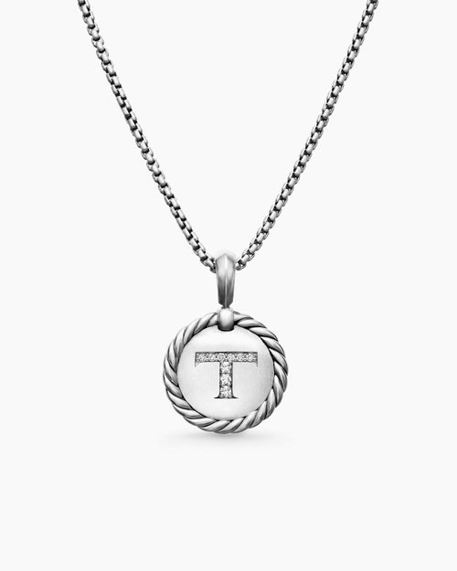 Womens Initial Charm Necklace in Sterling Silver with Diamond T