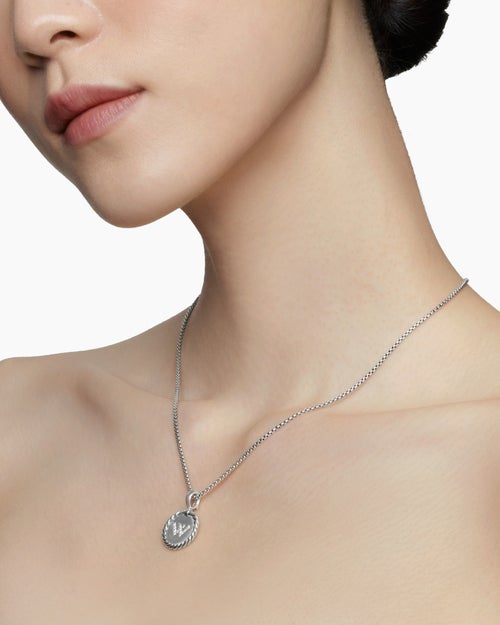 Womens Initial Charm Necklace in Sterling Silver with Diamond W