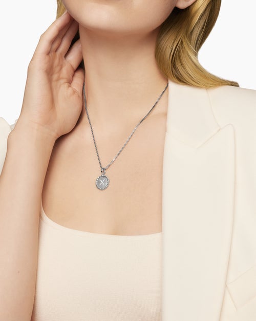 Womens Initial Charm Necklace in Sterling Silver with Diamond X