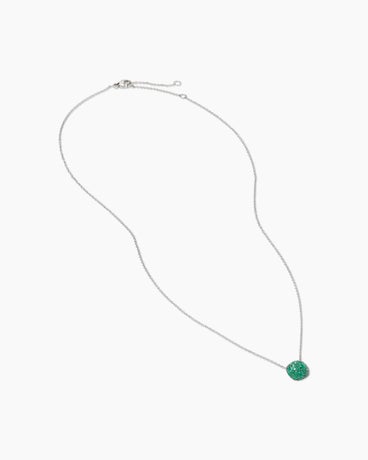 Cushion Pendant Necklace in 18K White Gold with Pavé Emeralds, 8mm