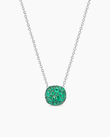Cushion Pendant Necklace in 18K White Gold with Pavé Emeralds, 8mm