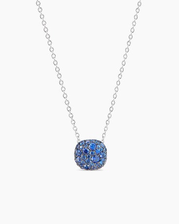 Cushion Pendant Necklace in 18K White Gold with Pavé Sapphires, 8mm