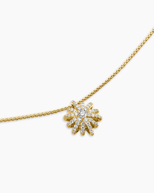 Womens Starburst Pendant Necklace in 18K Yellow Gold with Diamonds, 11mm