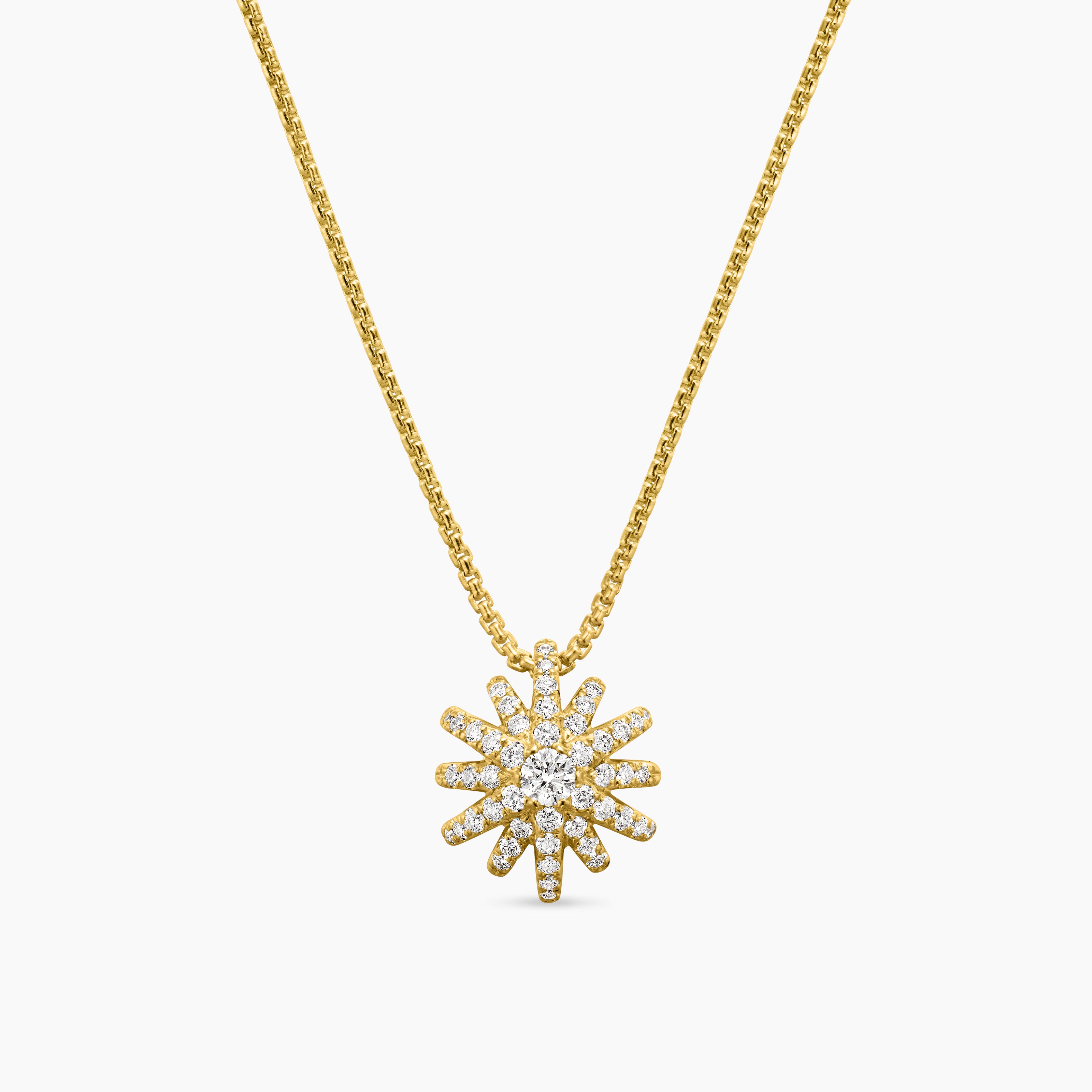 Womens Starburst Pendant Necklace in 18K Yellow Gold with Diamonds, 11mm