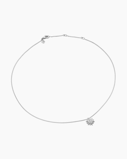 Womens Starburst Pendant Necklace in 18K White Gold with Diamonds, 12mm