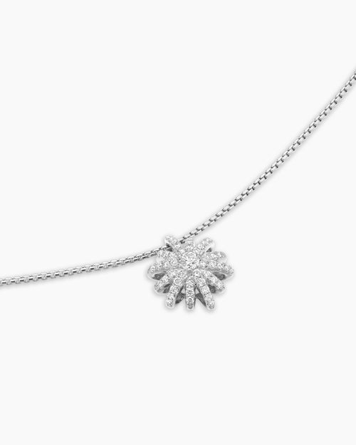 Womens Starburst Pendant Necklace in 18K White Gold with Diamonds, 12mm