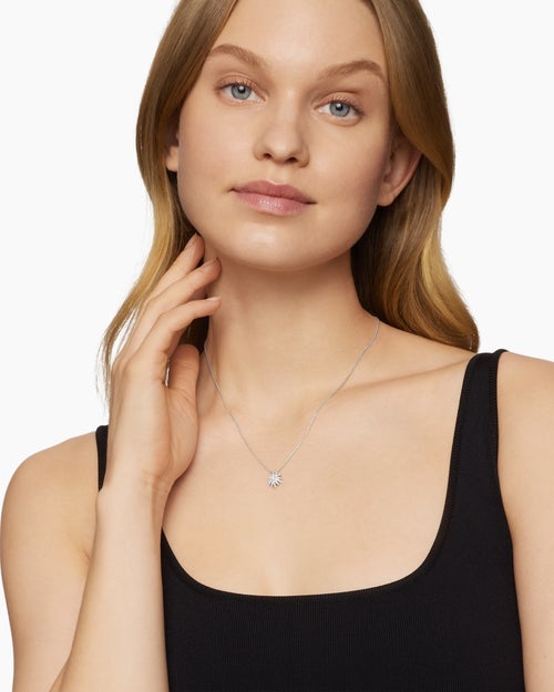 Womens Starburst Pendant Necklace in 18K White Gold with Diamonds, 12mm
